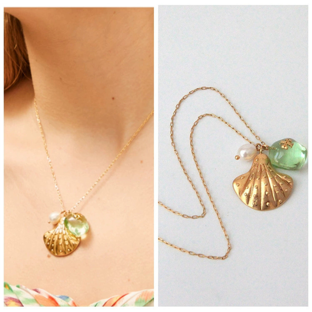 Tory Burch Marine Metal Shell Candy Green Resin Necklace Chest Chain
